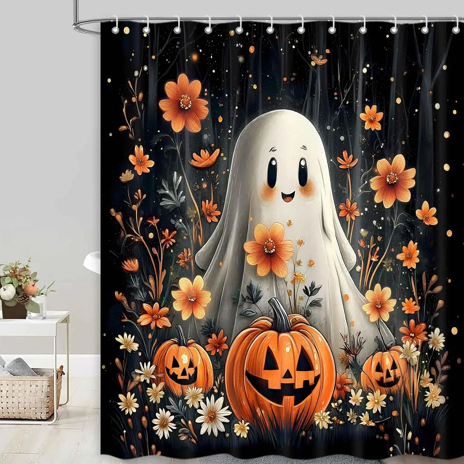 Halloween Shower Curtain Spooky Ghost Pumpkin Highland Cow Print Cute Funny Bathroom Curtain with Hooks Home Party Decoration