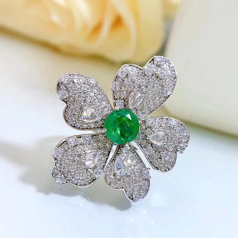 KEEPIGO S925 Sterling Silver Inside  8*8mm Emerald Super Luxury Flower Ring For Women Sparkling Wedding Party Fine Jewelry ra116