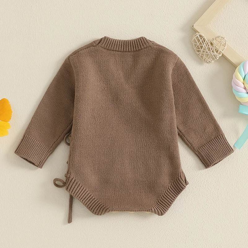 Baby Girls Boys Sweater Rompers Letter Embroidery V-Neck Long Sleeve Side Tie-Up Toddler Fall Bodysuits Jumpsuits