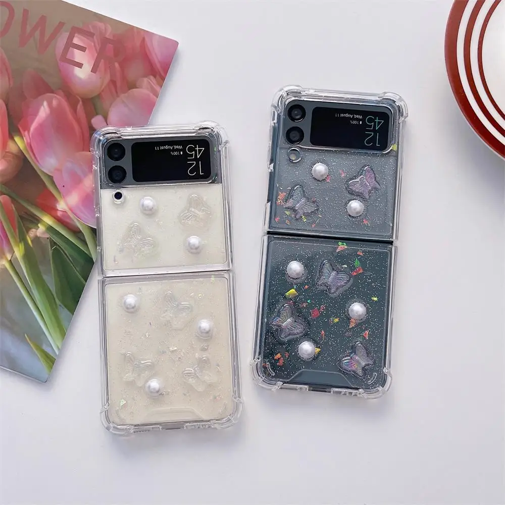 

Чехол-книжка для Samsung Galaxy Z 4 3 ZFlip4 Flip3, милый 3D чехол с жемчужинами, кристаллами, бабочками, складной противоударный прозрачный защитный чехол