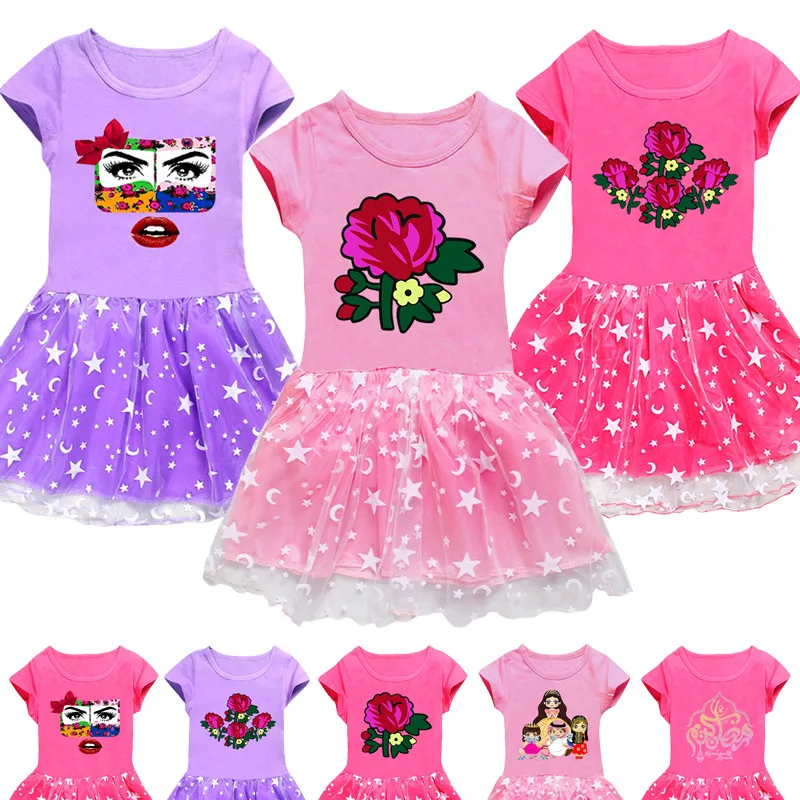 

EID Mubarak Dress Kids Summer Princess Dresses Girls Short Sleeve Pleated Dress Muslim Ramadan Decorations Kareem Party Gifts