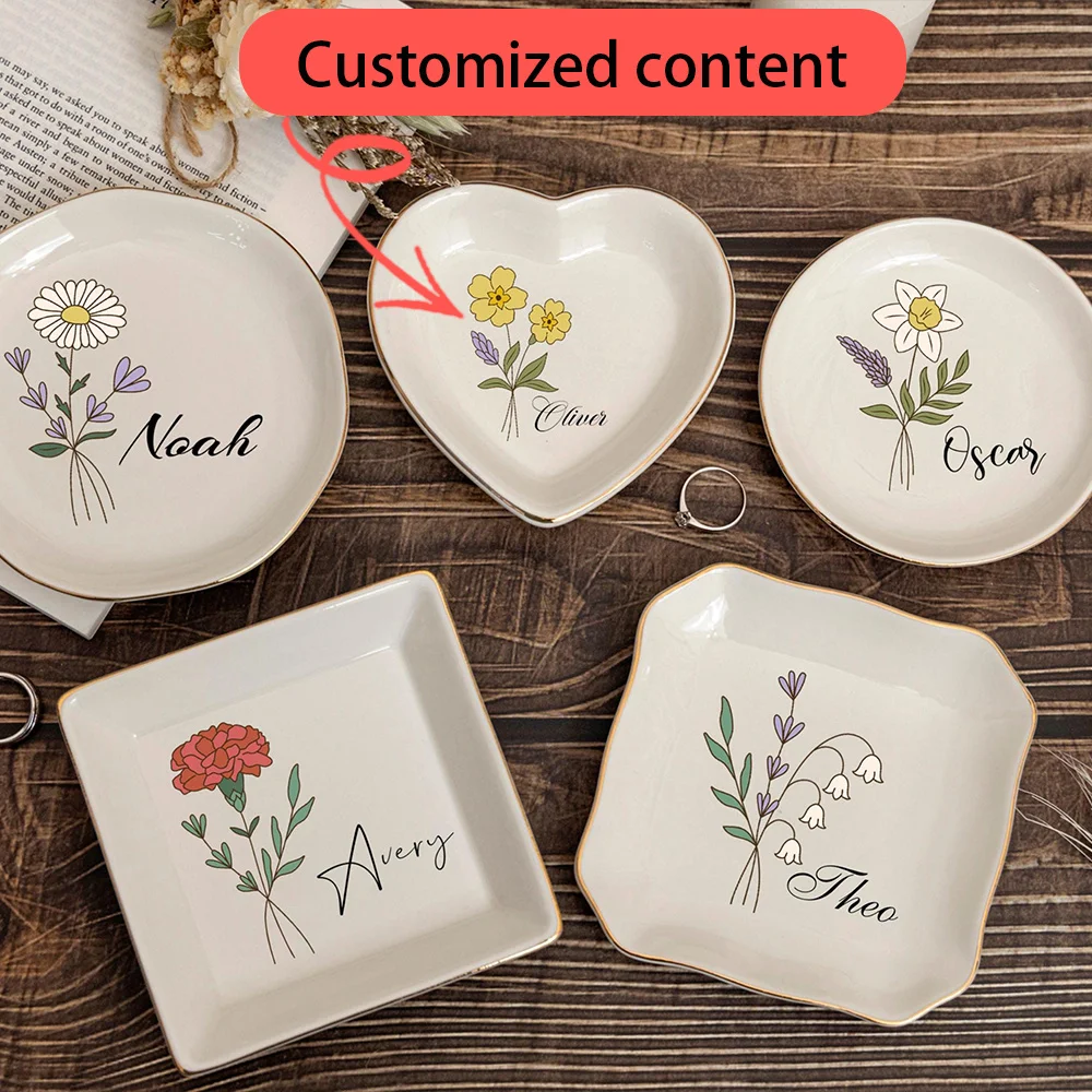 Custom Birth Flower Ceramic Trinket Ring Dish, Personalized Name Jewelry Holder Tray,Sentimental Birthday Gift for Her Women.