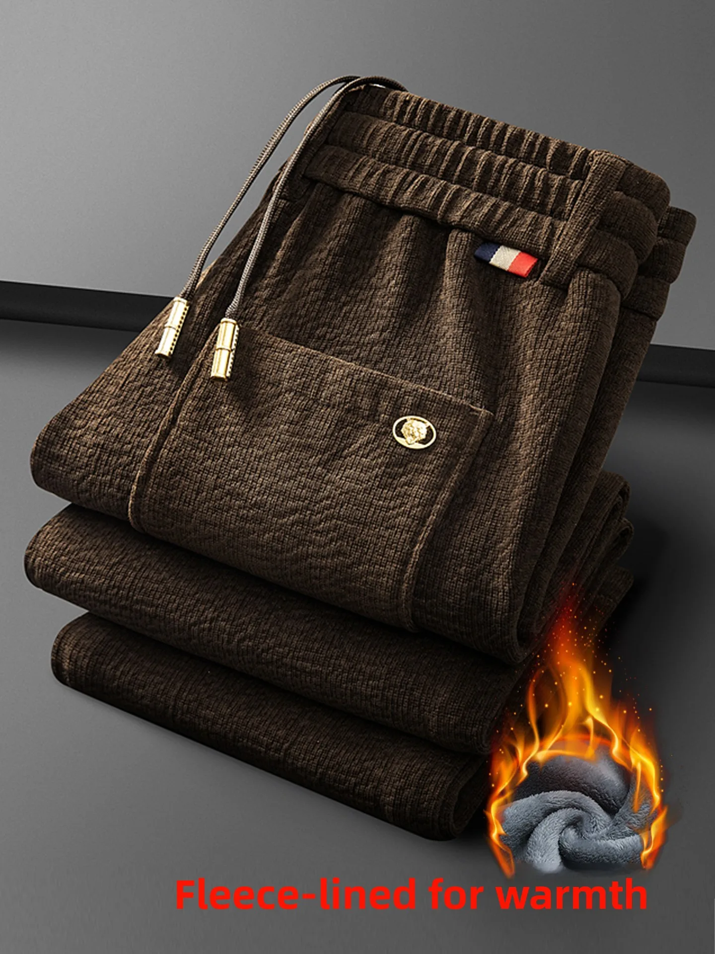

High-End Men's Casual Thiened Corduroy Embroidered Straight Leg Pants Fce Lined Sweatpants Sport Long Trousers