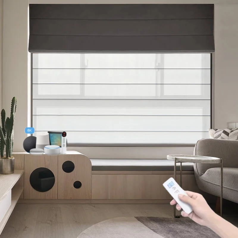 

Cordless Smart Window Double Layers Polyester Roman Shades Motorized Roman Blinds for Livingroom