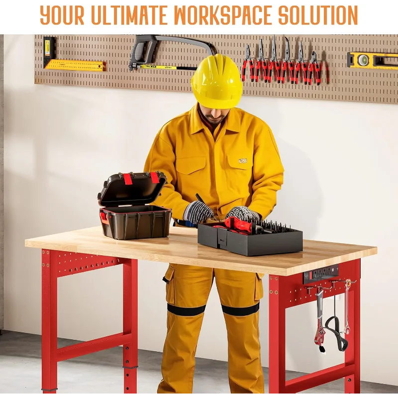 84" Red Adjustable Heavy Duty Workbench with 4 AC Outlet and 2 USB Ports Power Outlets, 5000 Lbs Capacity, Rubber Wood Top