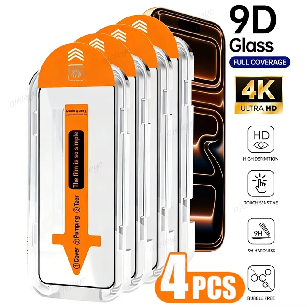 Lot de 4 protections d'écran en verre trempé HD anti-poussière pour iPhone 17 18 Pro 16 15 14 13 11 12 Pro Max 16e Air Mini 6 7 8 Plus XR XS