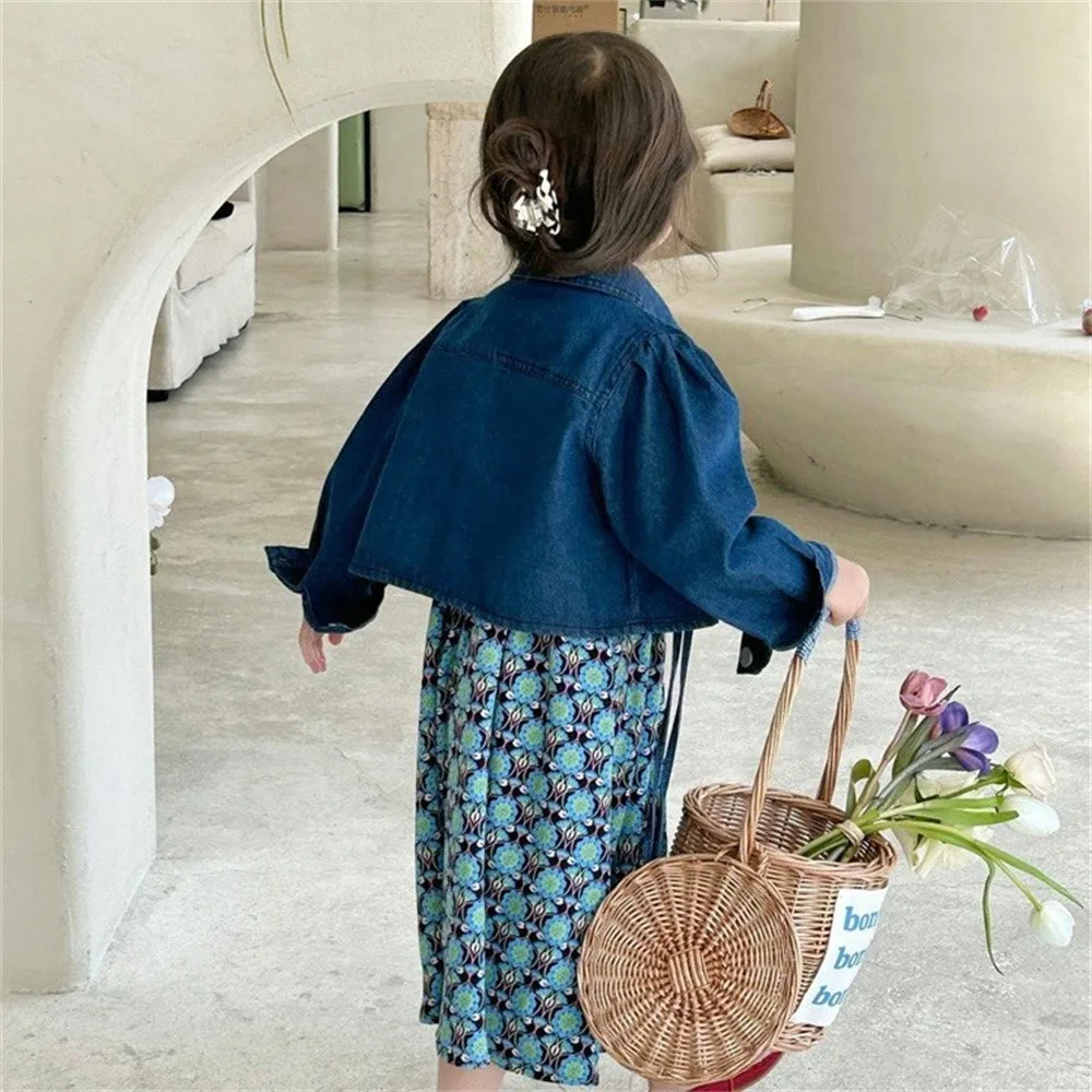 Girls Casual Dresses Girl Summer New Korean Holiday Style Blue Printed Halter Princess Dresses 2-7 Years Baby Girl Clothes