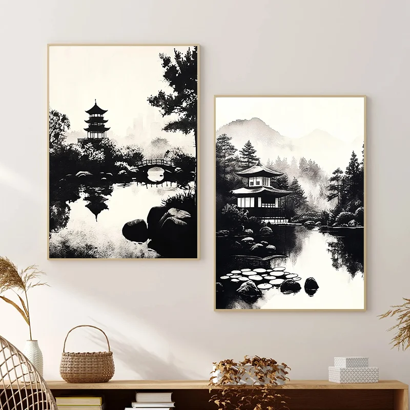 Monks by Pagoda Reflecting on Misty Lake Black and White Zen Art Minimalist Chinese Style Pavilion Poster Serene Peaceful Decor