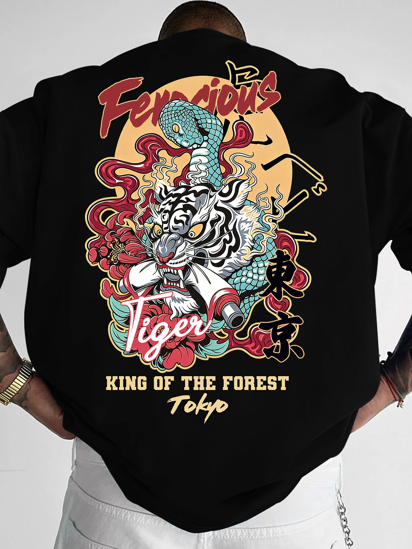 Printed T-shirt for Men New Summer Fashion Ferocious Tiger Snake Tokyo Printed Tee Machine Washable S-XXL