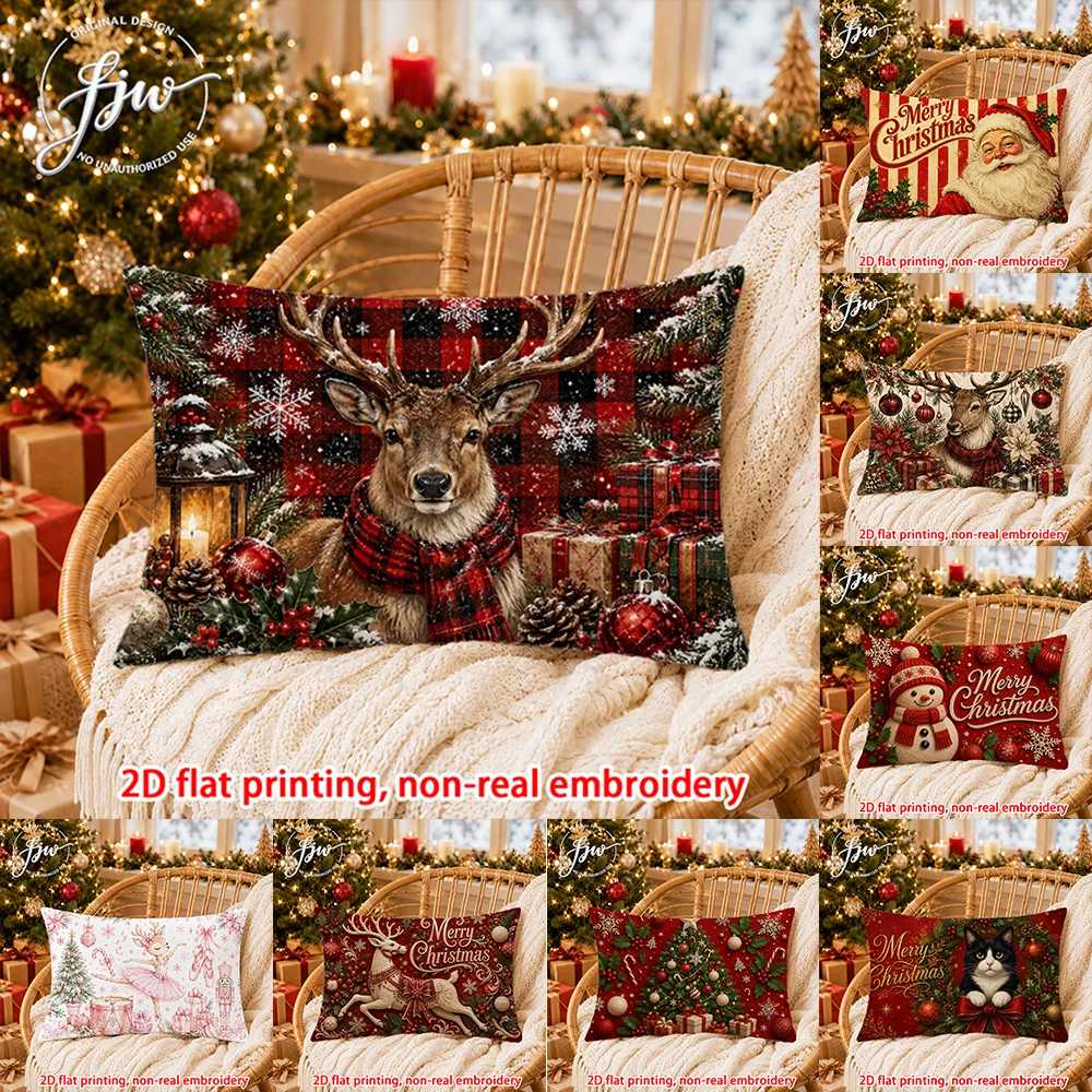 1pc Christmas Throw Pillow Covers Vintage Xmas Deer Santa Snowman Holiday Decorative Cushion Cases for Sofa Bed Couch