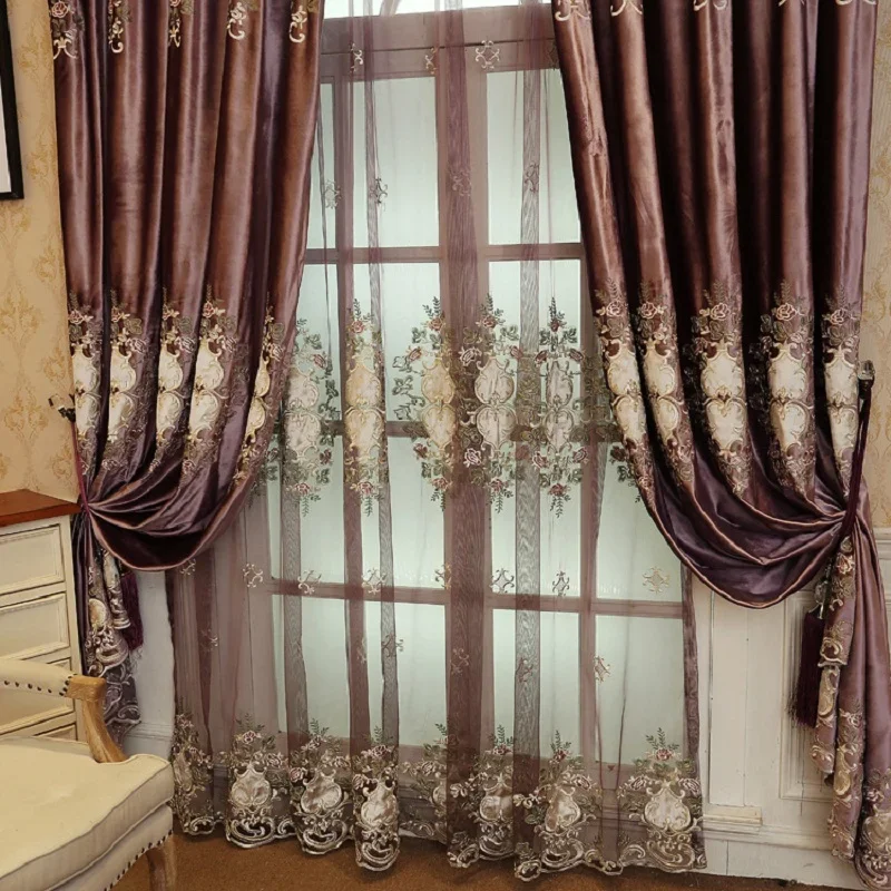 Purple Blackout Curtains Cloth For living Room Bedroom Window Floral Embroidered Curtains Drapes Decoration