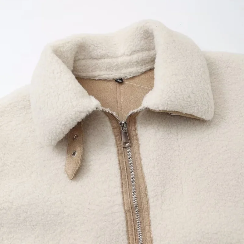 เสื้อแจ็คเก็ตหนังแกะสองด้าน ขนแกะ คอปกพลิก สีสันตัดกัน อุ่นสบาย แฟชั่นสำหรับผู้หญิง เสื้อโค้ทกันหนาวสำหรับฤดูหนาว