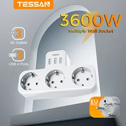 TESSAN 3-Way Socket with USB Surge Protection, 6-in-1 Socket Adapter with 3 USB Ports 5V/2.4A for Smartphone, Laptop, Camera