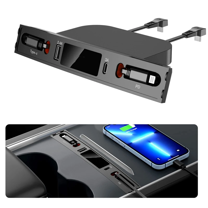 USB Telescopic Hub Docking Station For Tesla Model 3 Y 2021-2023 Central Console Fast Charging Dual Type-C 18W Easy Install