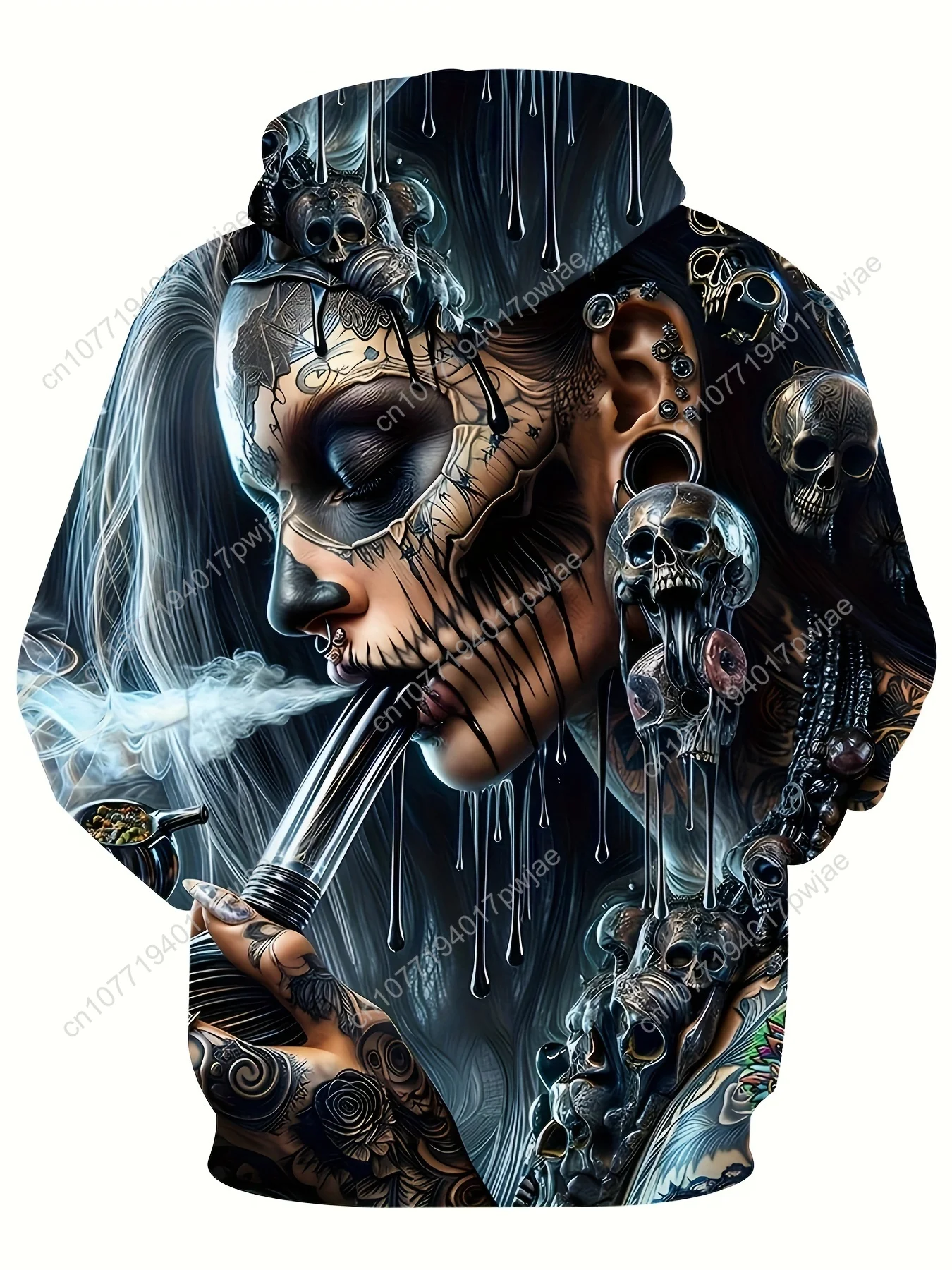 Moletom masculino com capuz de Halloween – moletom gótico com caveira e fumar, suéter preto com capuz para roupa de festa de Halloween, St