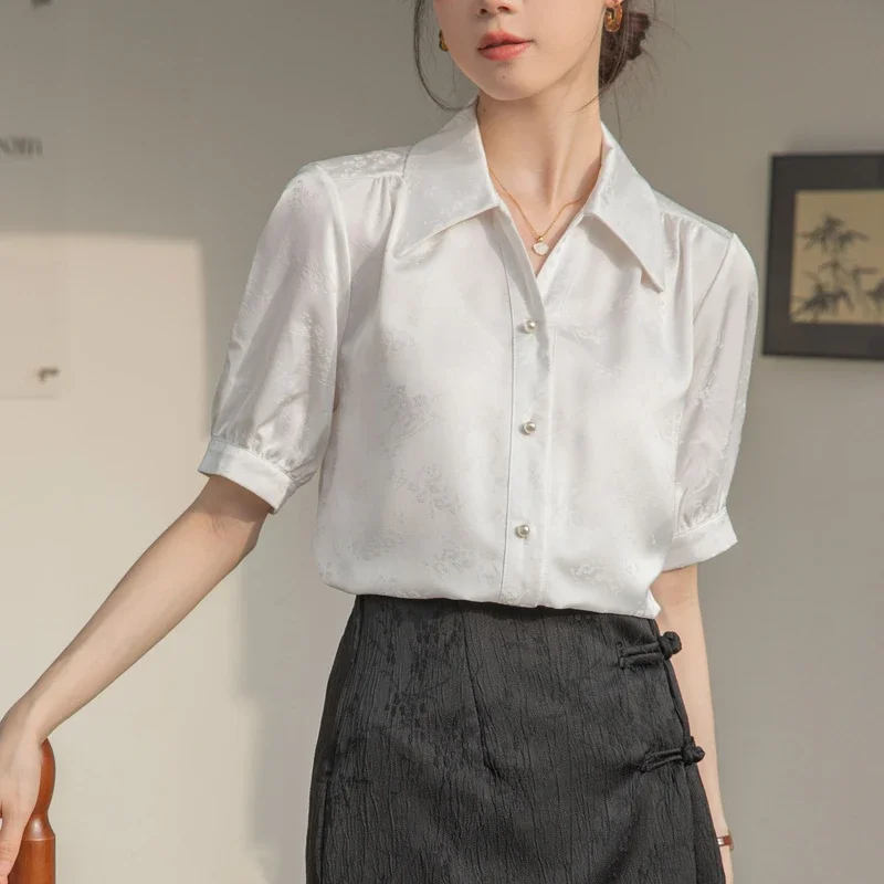 Fashion Short Sleeve Turn Down Collar Women Shirt Casual Chiffon Shirt Blouse Women Tops Blusas Mujer De Moda 2024 Verano H908