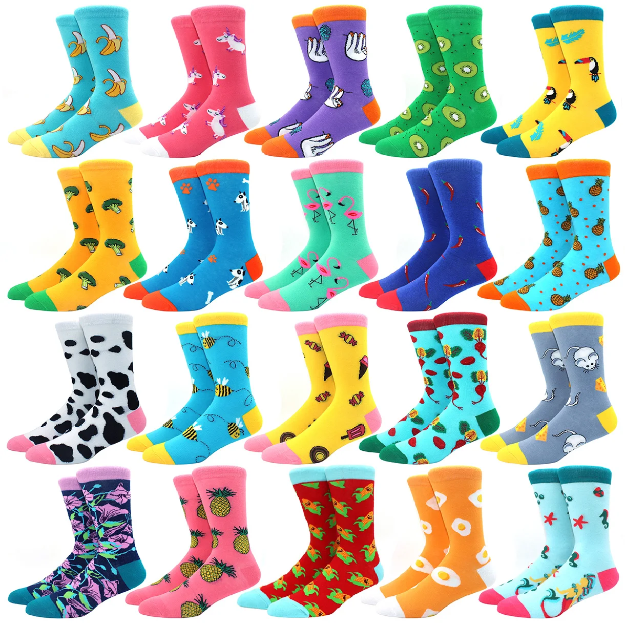 1 Pair of Hot Sale Fun Men Socks Casual Cartoon Fruit Banana Flamingo Lemon Egg Sloth Pizza Happy Harajuku Skateboard Socks