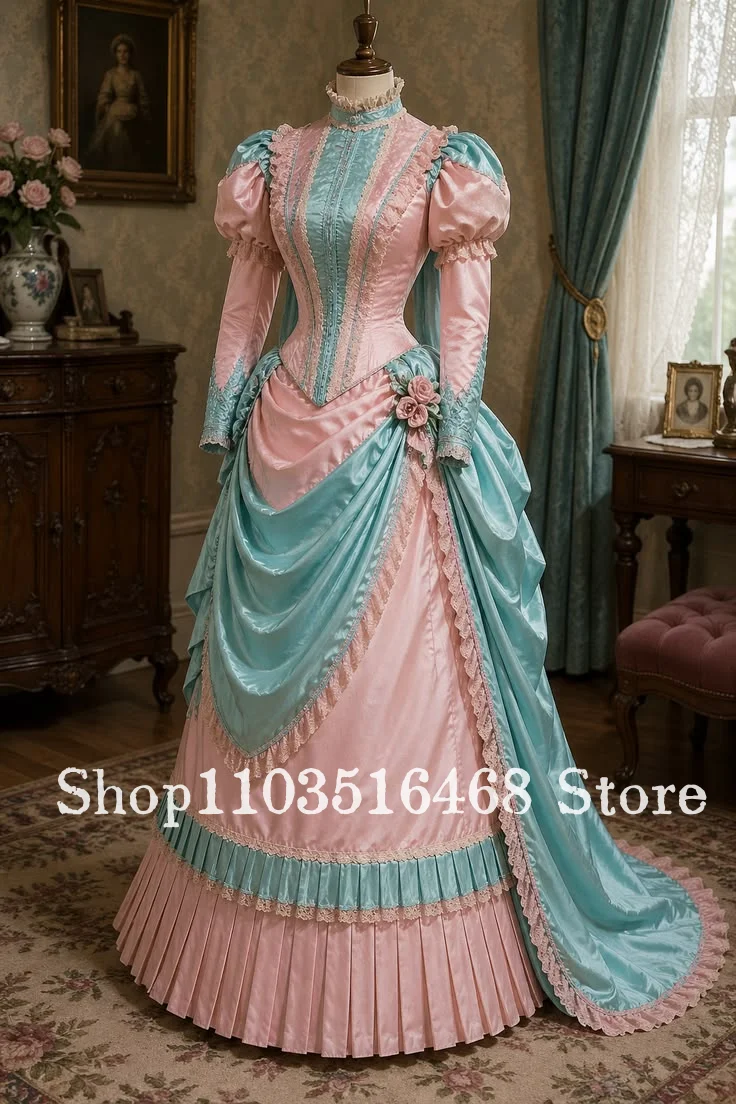 Vestido de Noche Vintage Personalizado en Rosa Bebé y Azul Bebé con Parches, Vestido de Fiesta Victoriano con Flores 3D, Vestido de Graduación, Vestido de Boda 2026