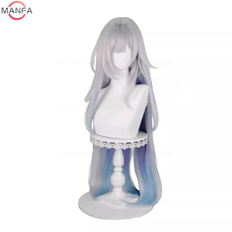 Skirk-Perruque de Cosplay en Cheveux Synthétiques Longs de 105cm, Couleur Blanche Argentée avec Dégradé Bleu, avec Bonnet