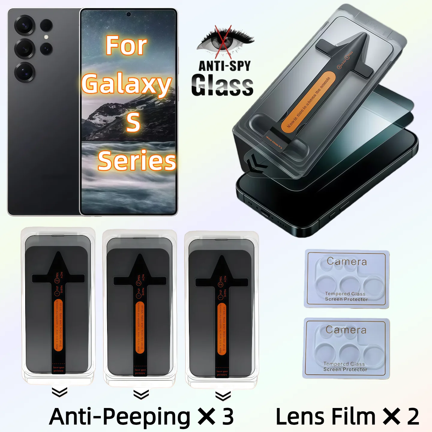 

3PCS Screen Protector for Galaxy S25/S24/S23/S22 Plus Ultra with Anti-Spy Tempered Glass + 2PCS Rear Camera Lens Protector