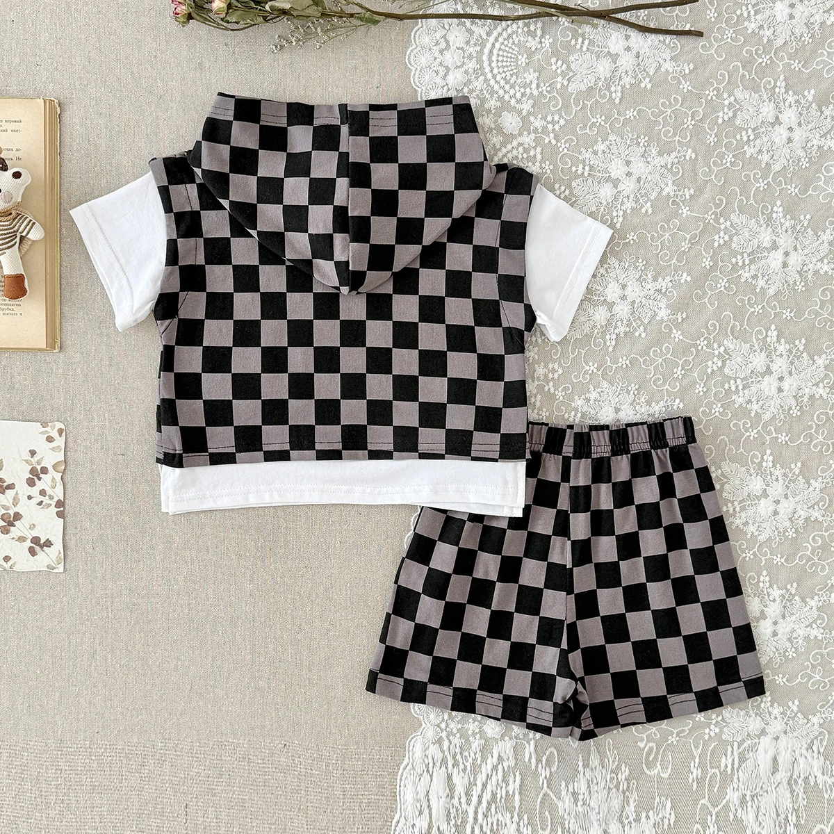 2Pcs Baby Boys Girls Chessboard Pattern Set Cartoon Smiley Face Print Hoodie Set for Casual Sporty Clothes Suitable for 0-3Y