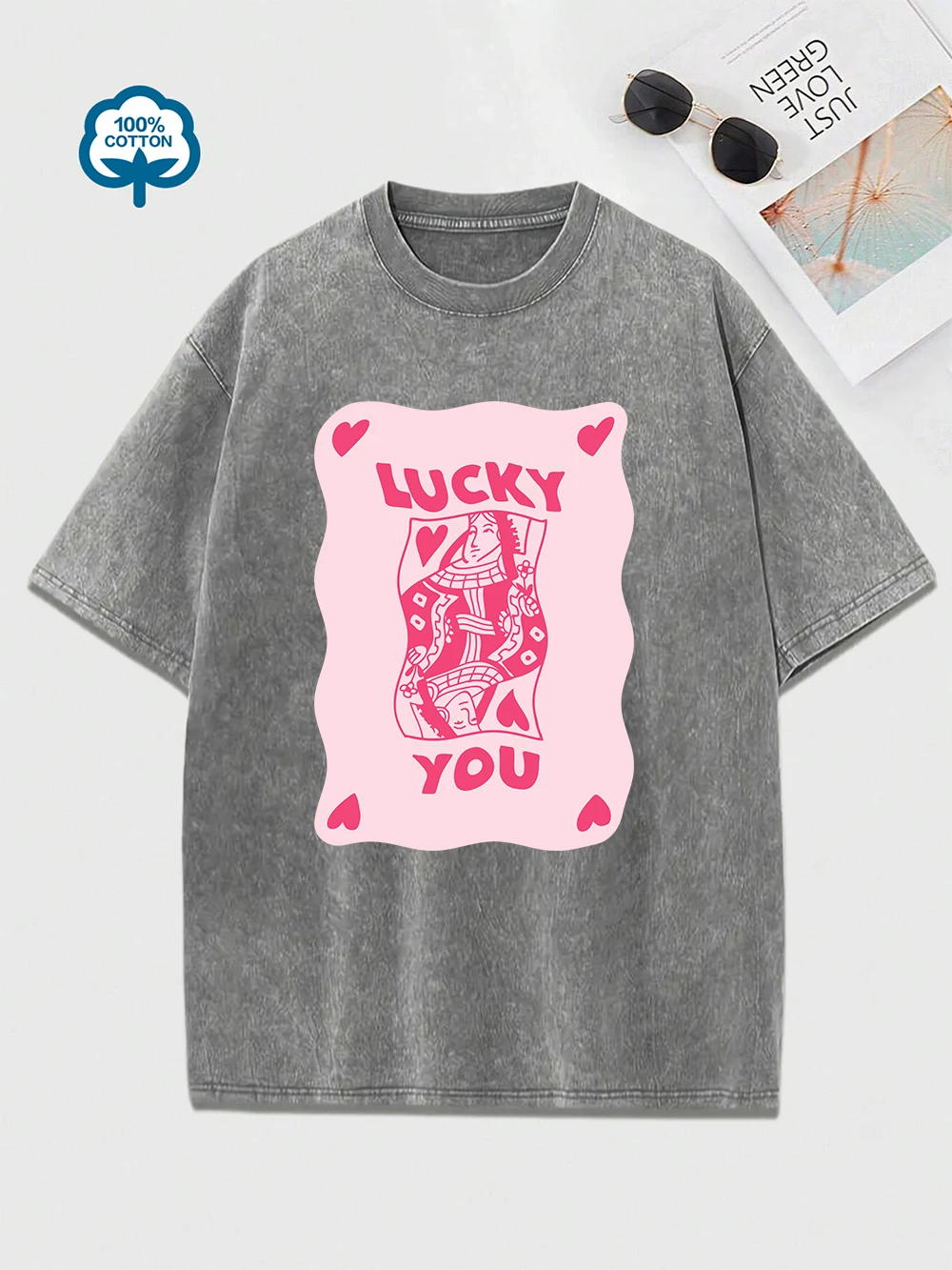 

Постиранная футболка с принтом Lucky You, женские хлопковые топы большого размера, удобная футболка с круглым вырезом и потертостями, летняя женская одежда