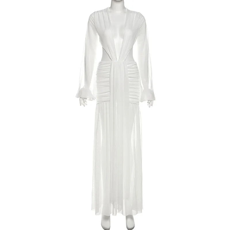 Cryptographic Summer Sexy Backless Draped V Neck Maxi Dress Party Club Women Ruched Mesh Sheer Cut Out Long Sleeve Dresses Gown