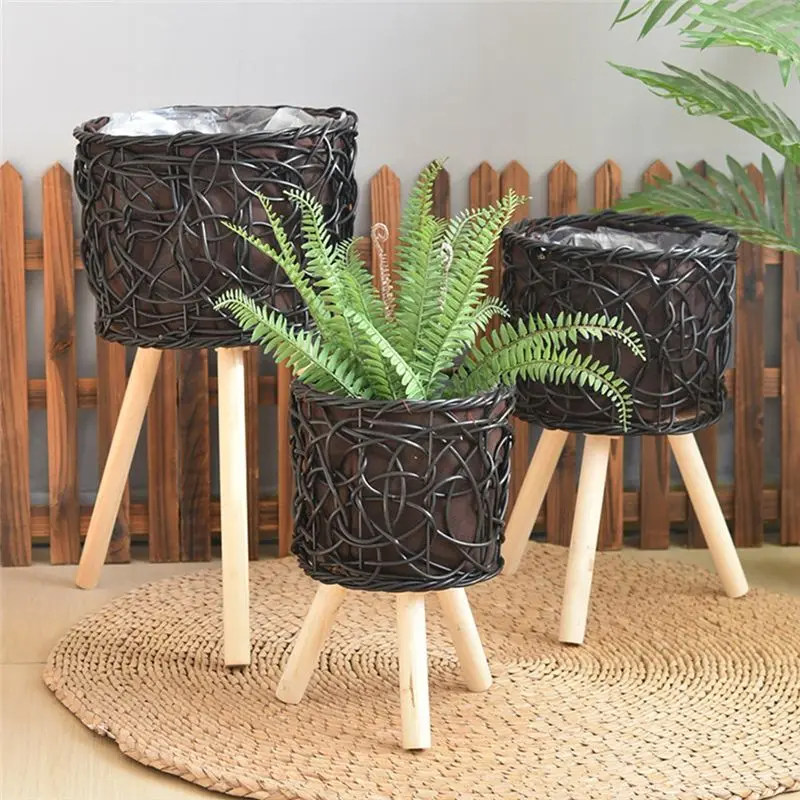 PZHI Rattan Floor Plant Basket, 20cm Woven Flower Pot for Indoor Plants, Decorative Plant Stand for Living Room, Floor Plant
