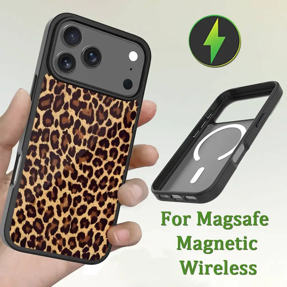 Funda de teléfono con estampado de leopardo para iPhone 13,12,11,16,15,17,14,Pro,Max,Plus,Mini,Magsafe, carga inalámbrica magnética