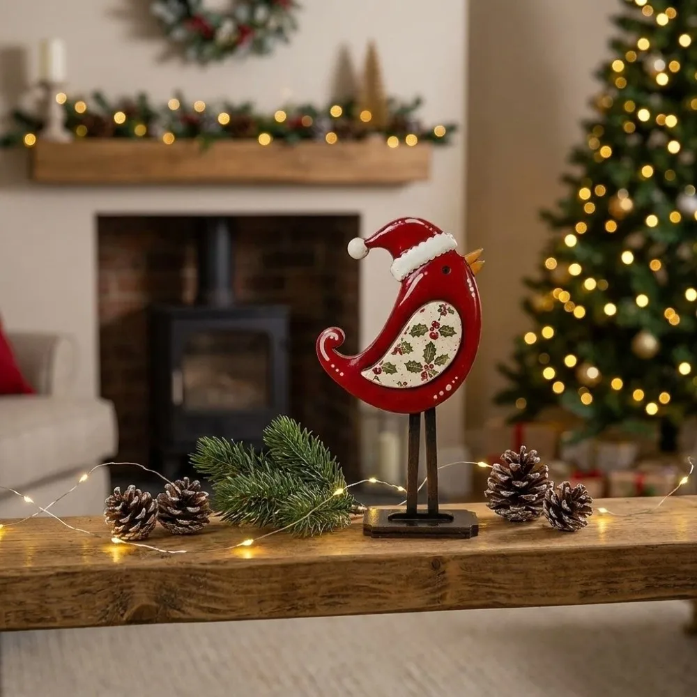 Wooden Christmas Bird Statue 2D Flat Vintage Bird Figurine Ornament Stable Base Long Legs Christmas Tabletop Decorations