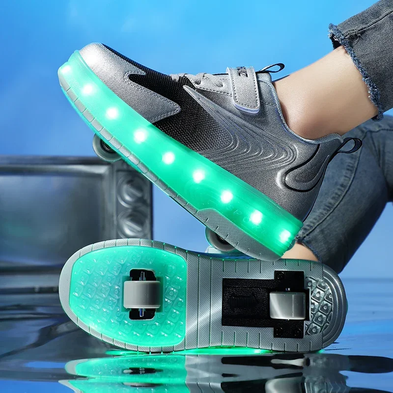 Boys Running Shoes with Double Wheels USB Charge Sport Shoes Girls Roller Shoes Roller Skates Kid Sneakers LED Illuminated Shoes