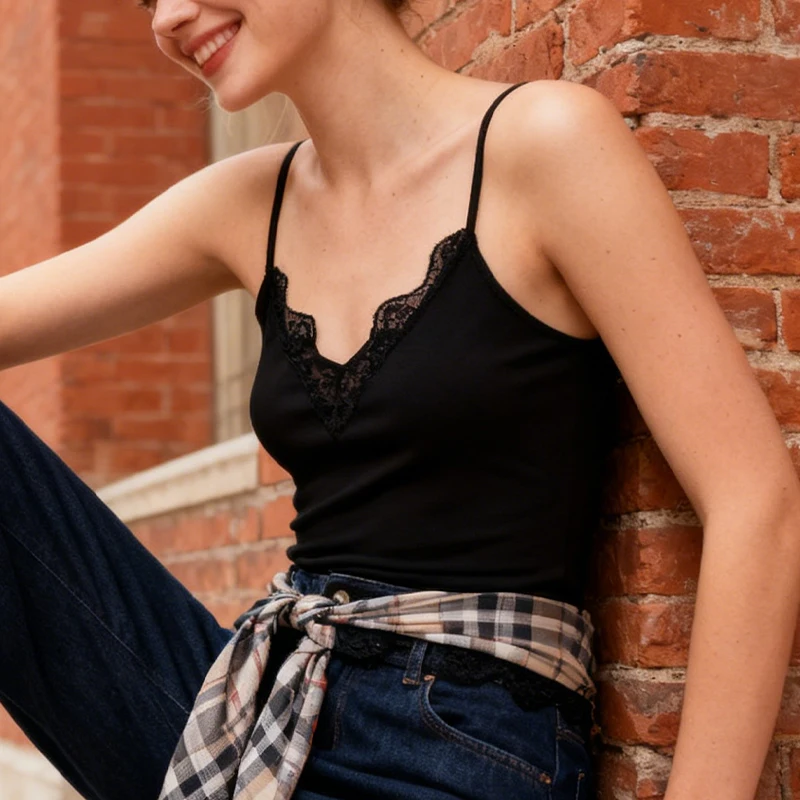 قميص كامي نسائي برباط، 3 ألوان متوفرة، رقبة على شكل حرف V، أشرطة رفيعة، بدون أكمام كاجوال أساسي