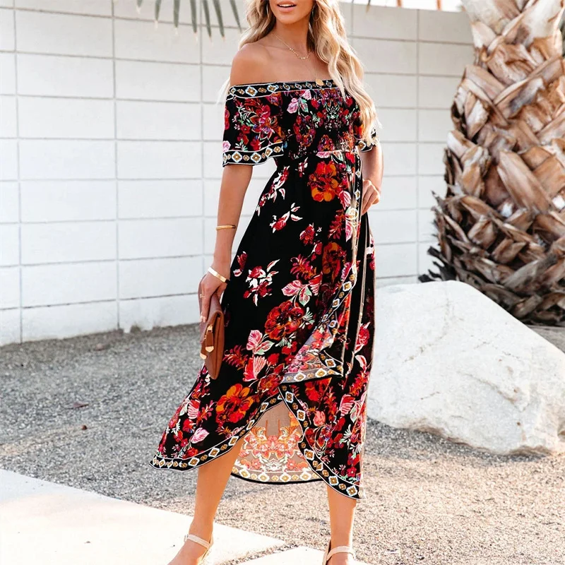 Women Slash Neck Long Dress 2024 Summer Off Shoulder Floral Print Irregular Beach Dresses Bohemian Seaside Skirts Robe De Plage