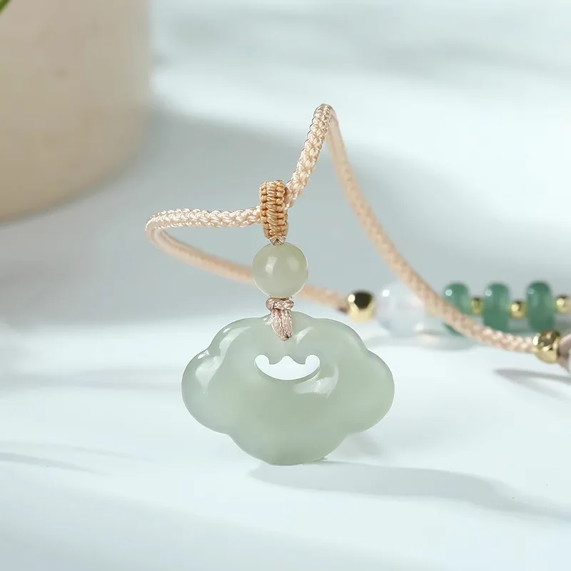 Natural Authentic Hetian Jade Ruyi Lock Pendant: Women/Baby Chinese Style Cloud Jade Necklace (Braided Rope, Gift Option)