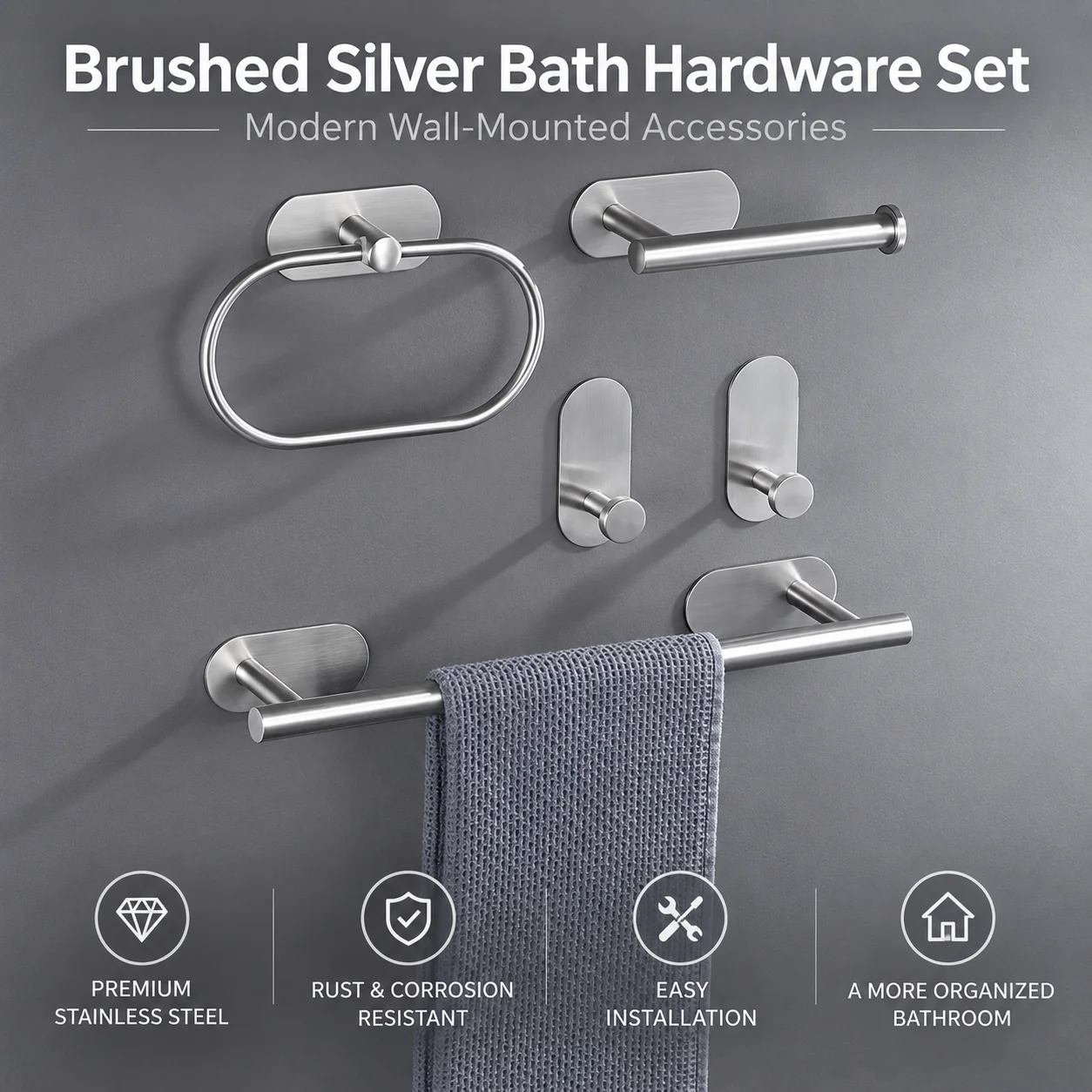 No Drill 304 Stainless Steel Bathroom Hardware Set Rust Proof Towel Bar Ring Toilet Paper Holder Wall Mount Accessory Kit