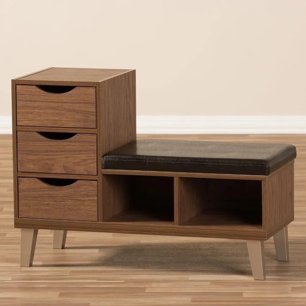 Shoe Cabinets, Brown Contemporary Seating Bench Faux Wood Grain Veneer for Easy Opening 3 Drawers and 2 Open Shelves