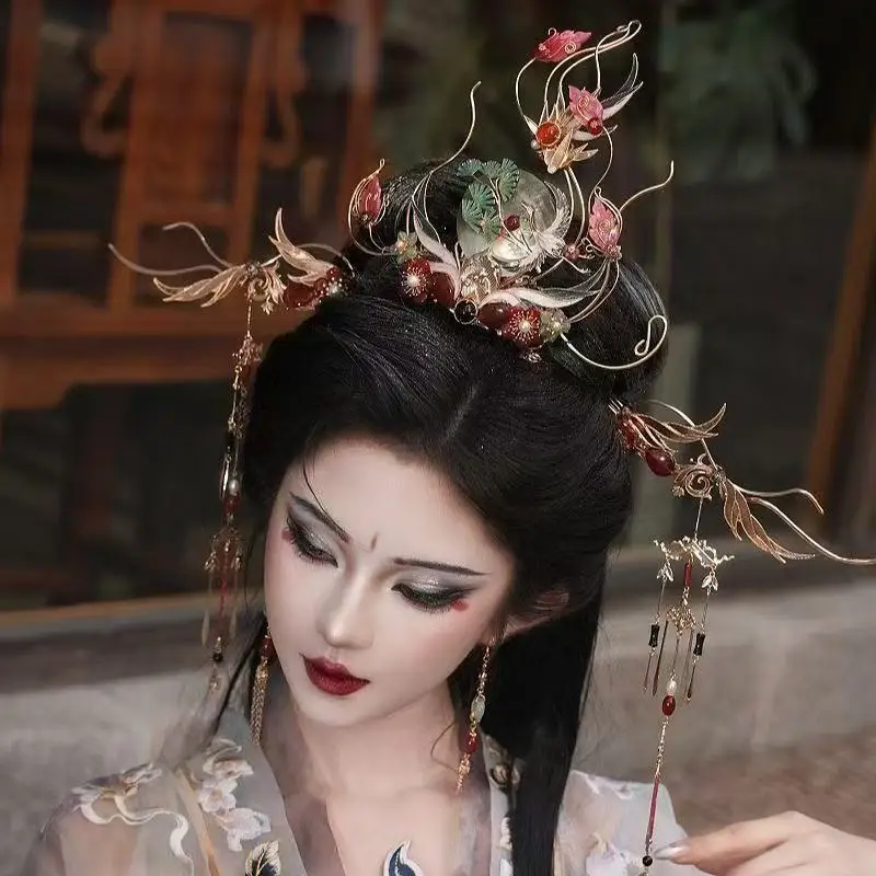 Ancient-Style Phoenix Crown Hair Accessory Exotic Dunhuang Headwear Forehead Ornament Hairpins Set