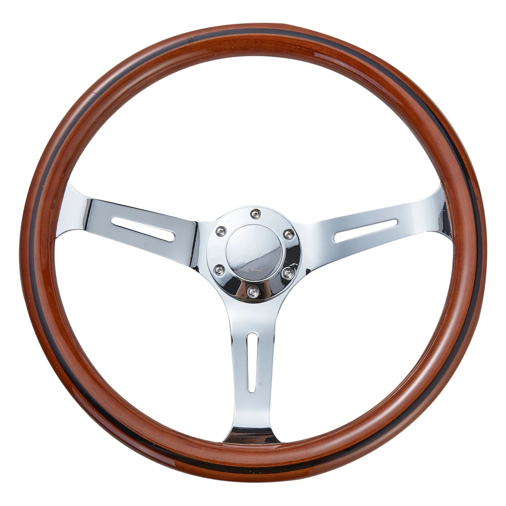 Universal 380mm 15'' Wood Grain Silver Chrome Spoke Black Trim Racing Sports Car Steering Wheel