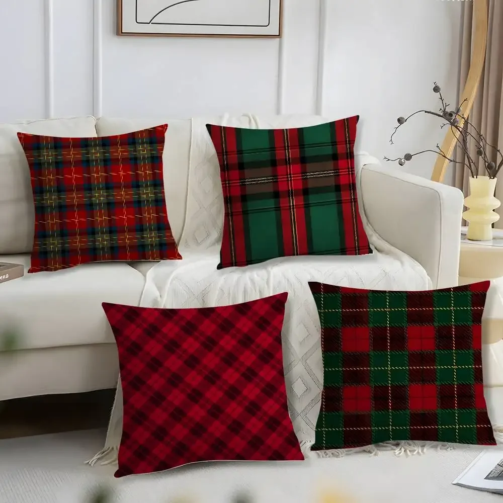 Red Green Tartan Plaid Throw Pillow Cover Scottish Check Cushion Case Vintage Home Decor Pillowcase for Sofa