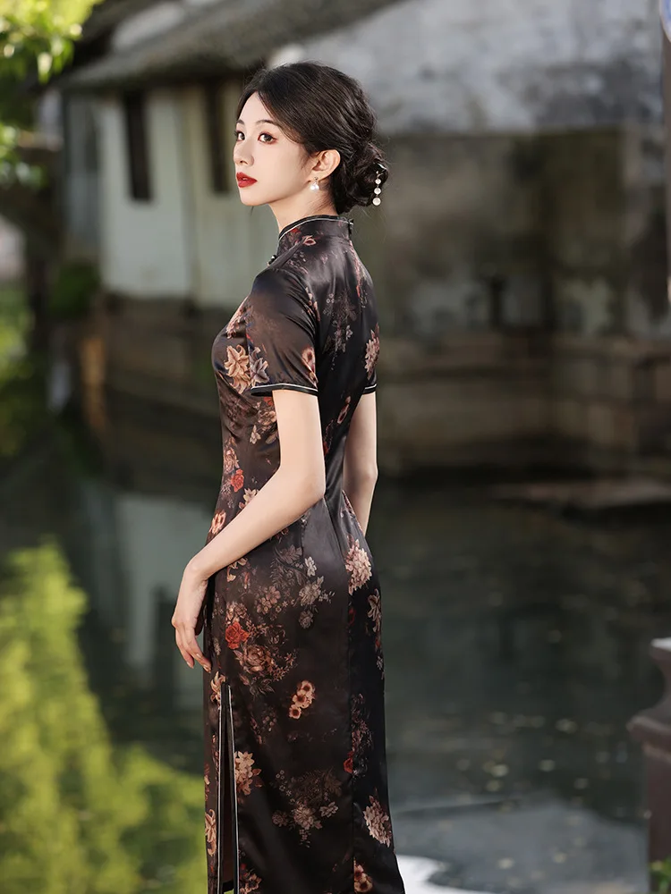 Women Summer Mandarin Collar Cheongsams Vintage Style Chinese Traditional Dress  Short Sleeve Classic Qipao Vestidos