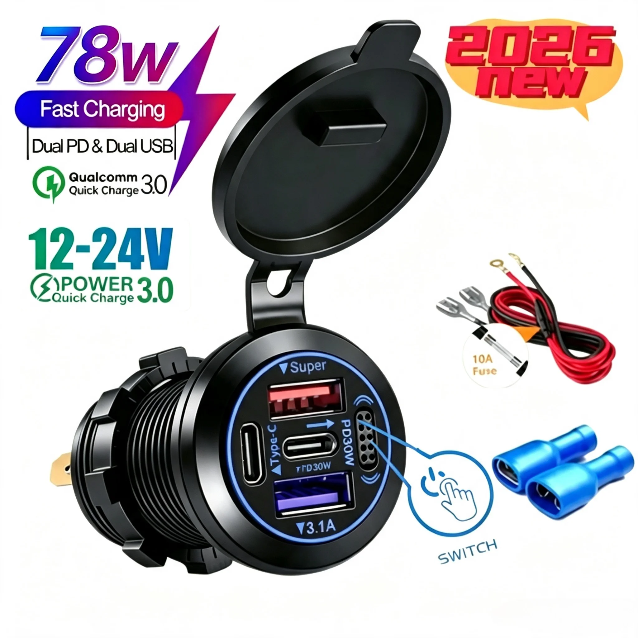 NEW 12V-24V Embedded Car Charger Socket PD30W QC3.0 4 Ports Fast USB C Charger Waterproof Power Outlet for Motorcycle RV  Truck