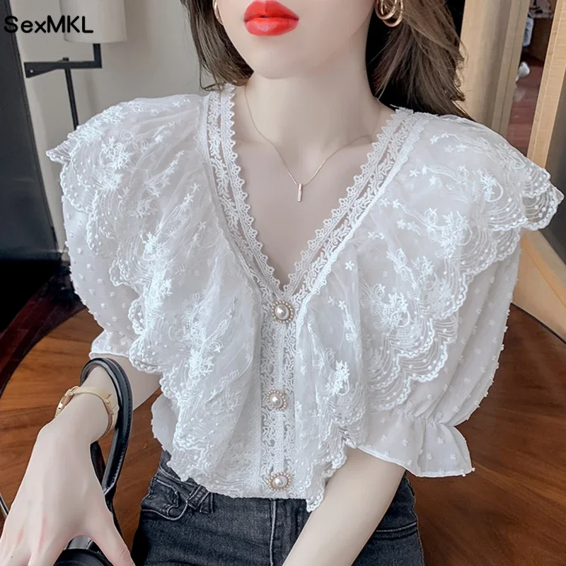 Vintage Summer Lace Tops Women 2024 Elegant Fashion Casual Ruffles White Blusas Mujer Korean Clothing V Neck Chiffon Blouses y2k