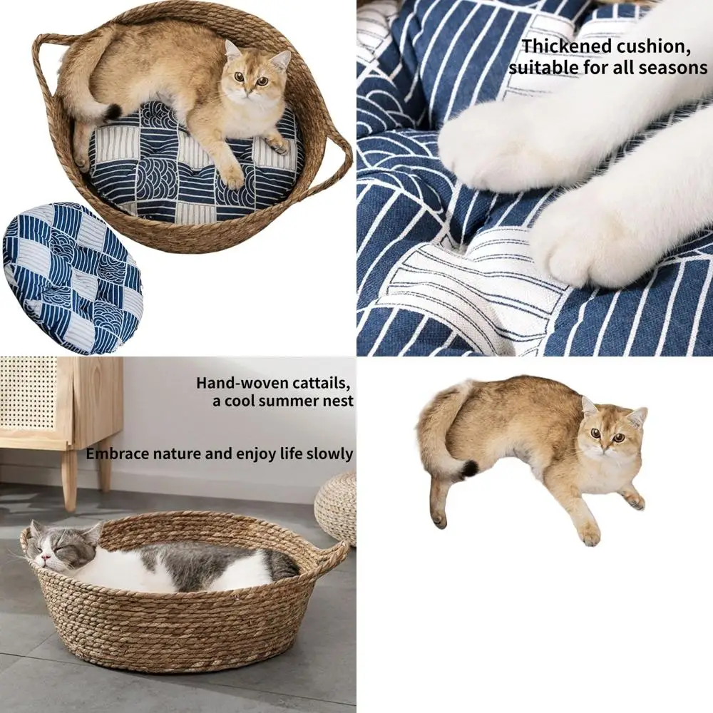 

Large Round Wicker Cat Basket with Cushion, Non-Slip and Cozy for Small Dogs and Kittens