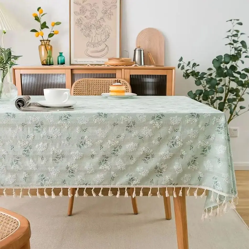 Korean Style Daisy Cotton Floral Lace Tablecloth, Tea Table Decoration, Rectangle Table Cover for Kitchen Wedding Dining Room