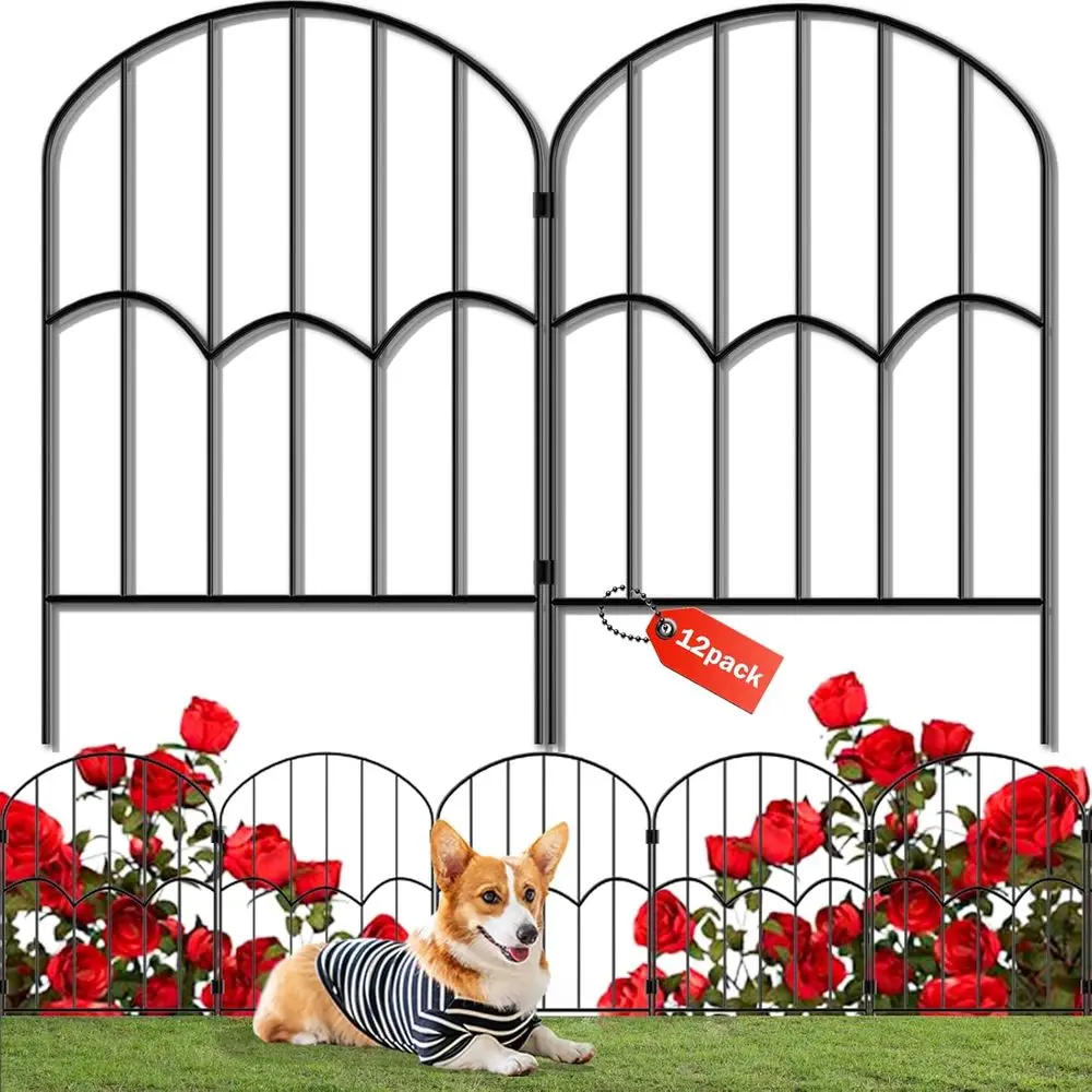 

12 Panels Decorative Garden Fence Dog Fence Outdoor for Yard 13ft (L) X 2ft (H) Black Animal Barrier with No-Dig Stakes Arched R