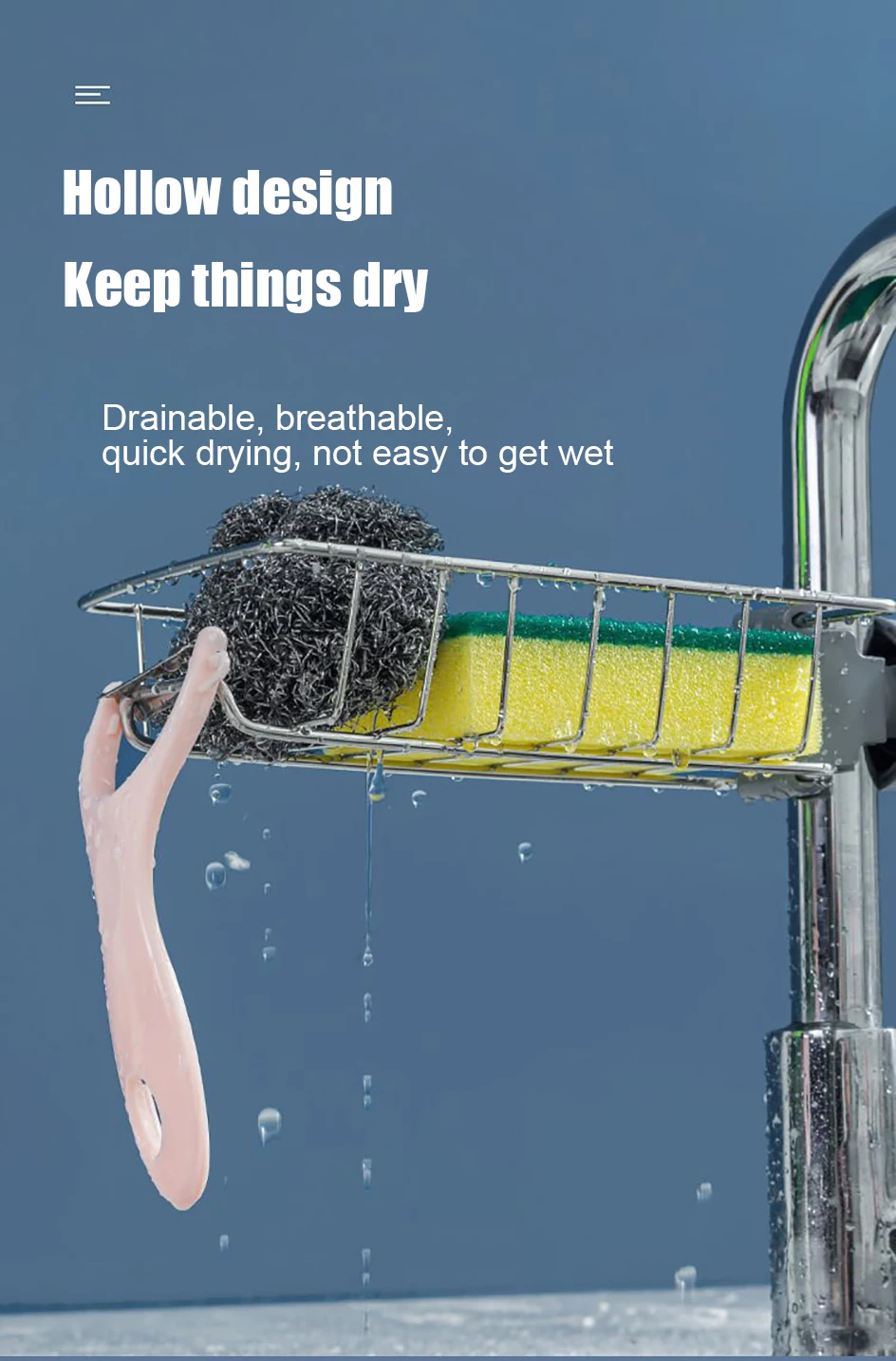 Hängendes Wasserhahnregal, höhenverstellbar, flexibel und drehbar, Abflusshalter für Küchenspüle, geeignet für Seifenschwämme, Bürsten – Detail 3