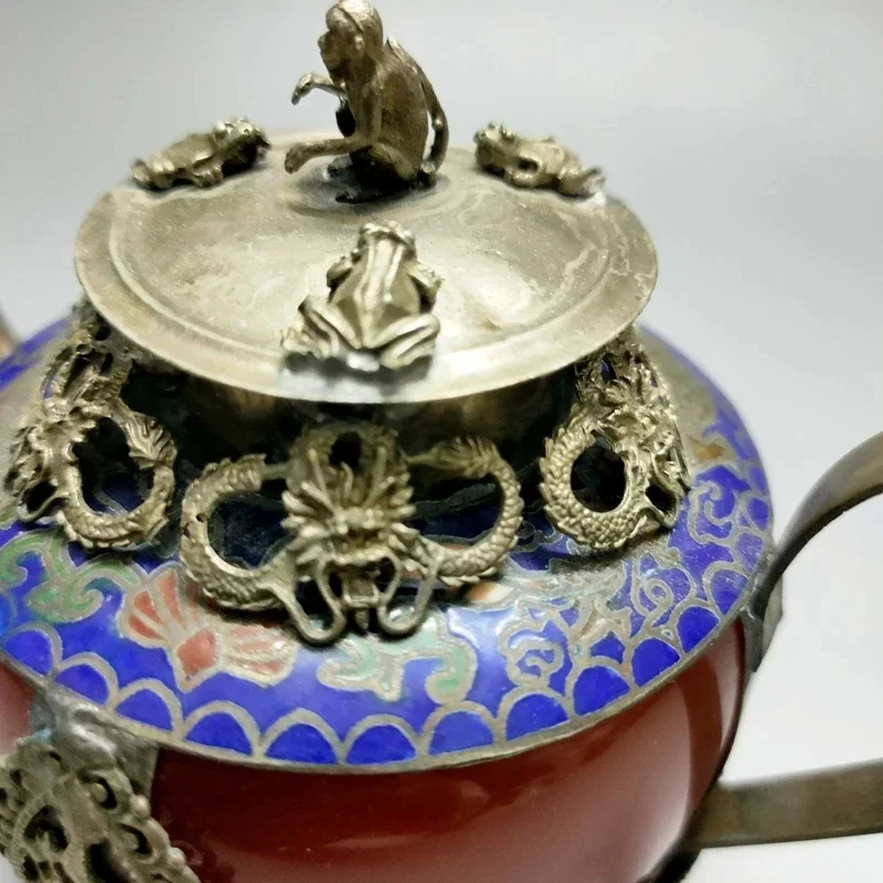 Exquisite Chinese Collectible Decorated Classical Handmade Red Agate Jade Inlaid with Tibetan Silver Dragon Monkey Lid Teapot