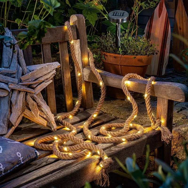 Auraglow 60 LED Solar Powered Bulb Garden Outdoor Hemp Rope String Fairy Lights for Decorative Lighting