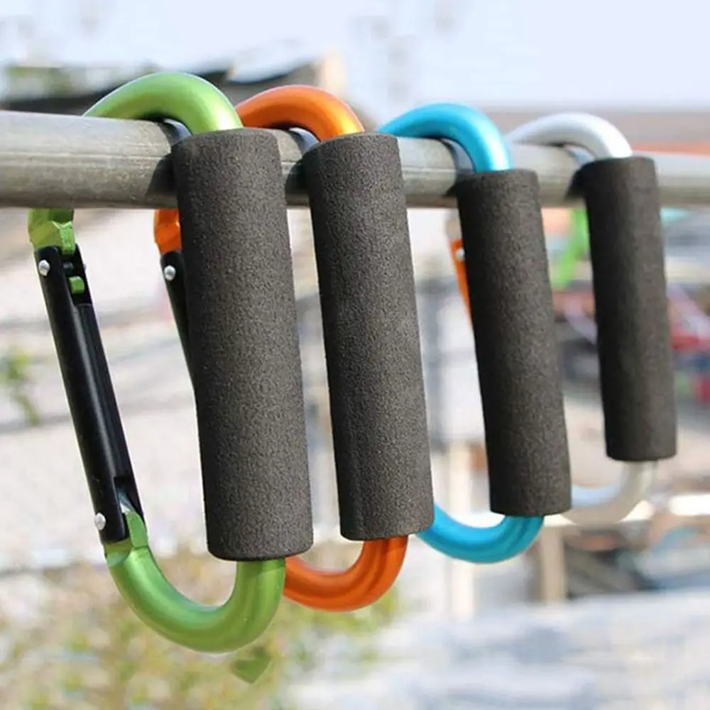 

2Pcs Multifunction Baby Stroller Hook D-Ring Aluminum Alloy Shopping Bag Clip Hooks Sponge Handle Soft Grip Pram Lifting Button