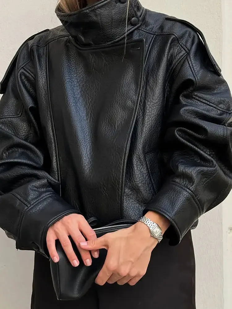 Chaqueta de piel sintética para mujer, abrigos holgados de manga larga con cuello levantado y cremallera, prendas de vestir exteriores para mujer de calle alta de otoño 2025